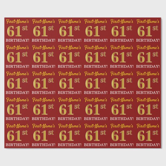 Red, Imitation Gold look "61st BIRTHDAY" Cadeaupapier (Vlak)