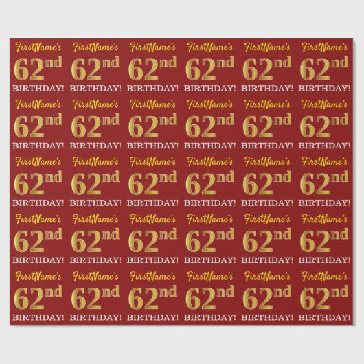 Red, Imitation Gold look "62e BIRTHDAY" Cadeaupapier (Vlak)