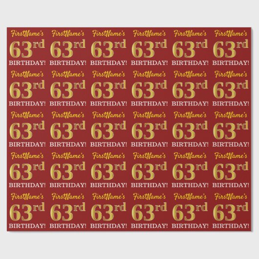 Red, Imitation Gold look "63rd BIRTHDAY" Cadeaupapier (Vlak)