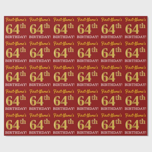 Red, Imitation Gold look "64th BIRTHDAY" Cadeaupapier (Vlak)