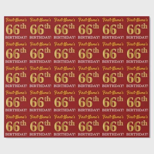Red, Imitation Gold look "66th BIRTHDAY" Cadeaupapier (Vlak)