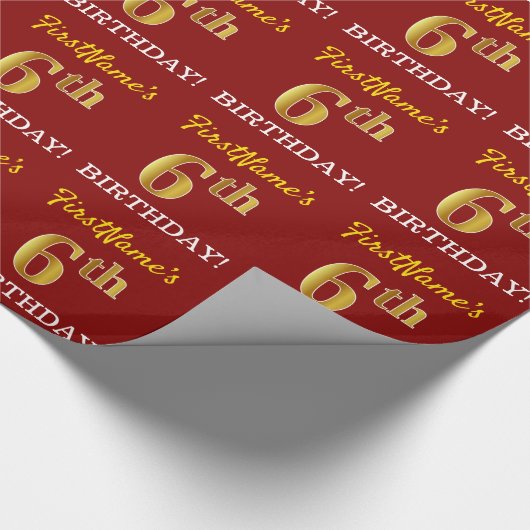 Red, Imitation Gold look "6th BIRTHDAY" Cadeaupapier (Hoek)