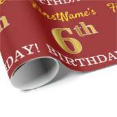 Red, Imitation Gold look "6th BIRTHDAY" Cadeaupapier (Rol Hoek)