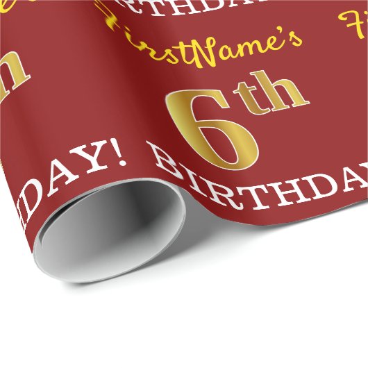 Red, Imitation Gold look "6th BIRTHDAY" Cadeaupapier (Rol Hoek)