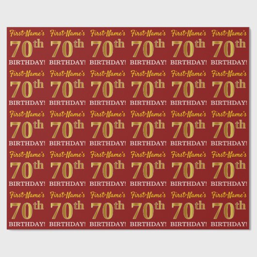 Red, Imitation Gold look "70th BIRTHDAY" Cadeaupapier (Vlak)