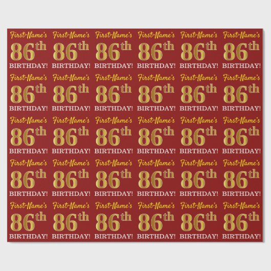 Red, Imitation Gold look "86th BIRTHDAY" Cadeaupapier (Vlak)