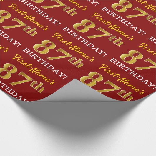 Red, Imitation Gold look "87th BIRTHDAY" Cadeaupapier (Hoek)
