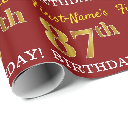 Red, Imitation Gold look "87th BIRTHDAY" Cadeaupapier (Rol Hoek)