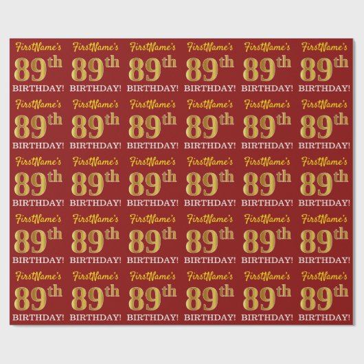 Red, Imitation Gold look "89th BIRTHDAY" Cadeaupapier (Vlak)