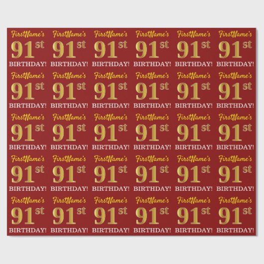 Red, Imitation Gold look "91st BIRTHDAY" Cadeaupapier (Vlak)