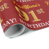 Red, Imitation Gold look "91st BIRTHDAY" Cadeaupapier (Rol Hoek)
