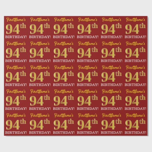 Red, Imitation Gold look "94th BIRTHDAY" Cadeaupapier (Vlak)
