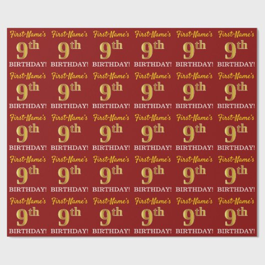 Red, Imitation Gold look "9th BIRTHDAY" Cadeaupapier (Vlak)