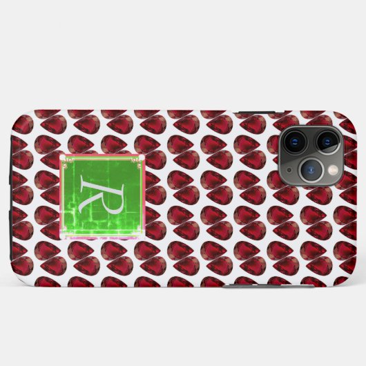 Red iPhone case Ruby Pear Gemstone met Monogram (Achterkant (horizontaal))