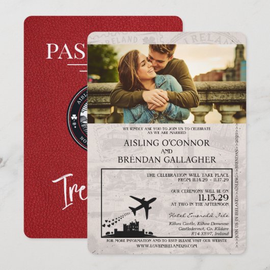 Red Ireland Passport Wedding Invitation Kaart (Voorkant / Achterkant)