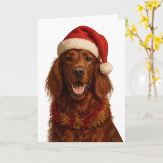 Red / Irish Setter in a Santa hat Christmas card Kaart (Gele Bloem)