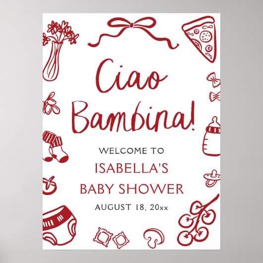 Red Italian Cute Ciao Bambina Baby Shower Welcome Poster (Voorkant)
