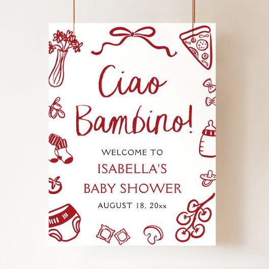 Red Italian Cute Ciao Bambino Baby Shower Welcome Poster