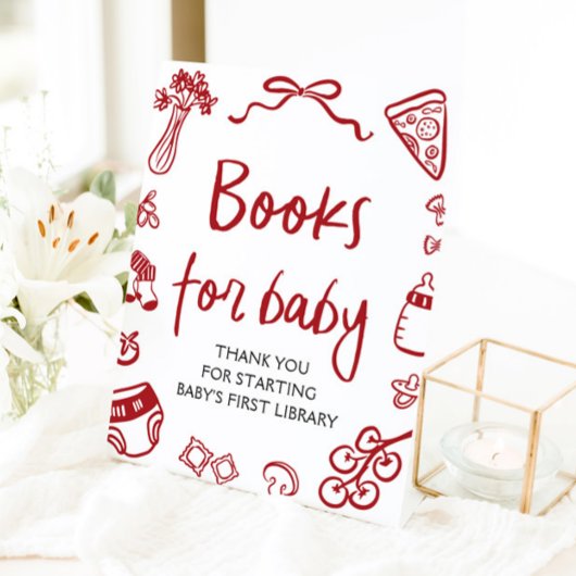 Red Italian Hand Drawn Baby shower Boeken voor Bab Reclamebord Met Voetstuk