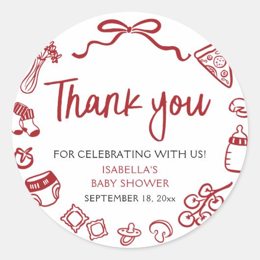 Red Italian Hand Drawn Pizza Baby Shower Thank you Ronde Sticker (Voorkant)
