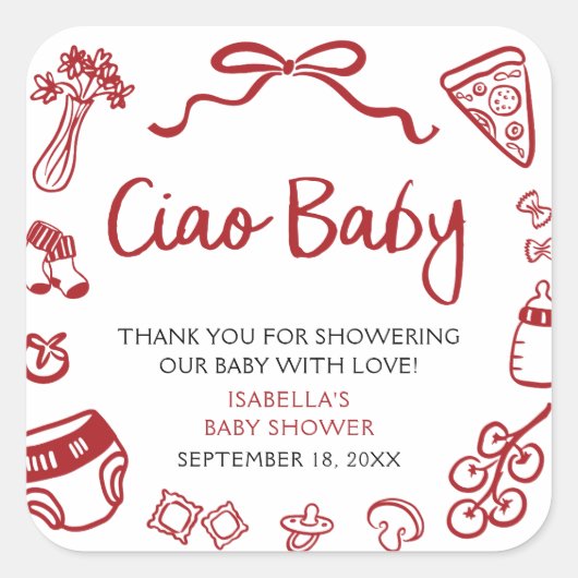 Red Italian Hand Drawn Pizza Ciao Baby Baby Shower Vierkante Sticker (Voorkant)