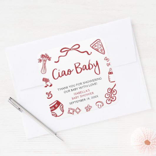 Red Italian Hand Drawn Pizza Ciao Baby Baby Shower Vierkante Sticker (Envelop)