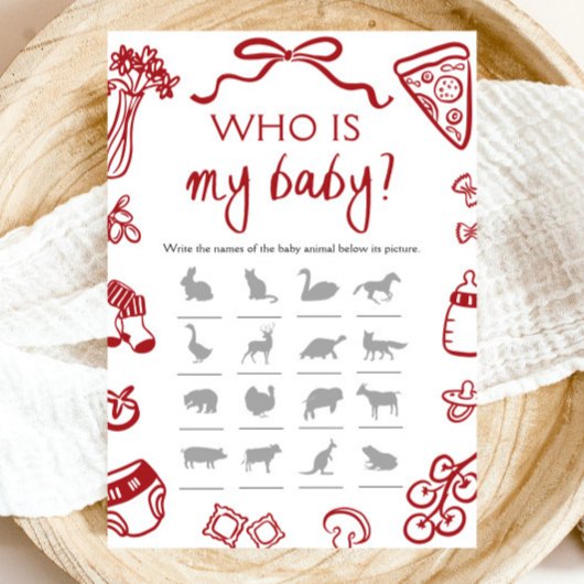 Red Italian Hand Drawn Pizza Wie is mijn Baby spel Kaart