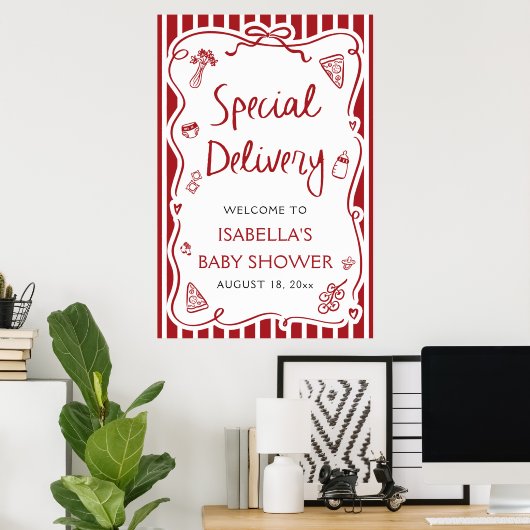 Red Italian Special Delivery Baby shower Welkom Poster (Thuiskantoor)
