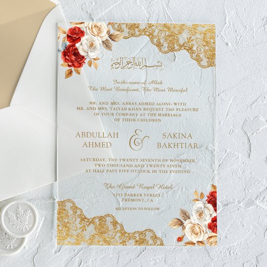 Red Ivory Floral Gold Lace Muslim Wedding Acryl Uitnodigingen