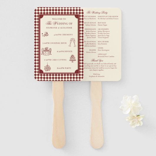 Red & Ivory Old Money Wedding Program Itinerary Handwaaier (Voorkant en achterkant)