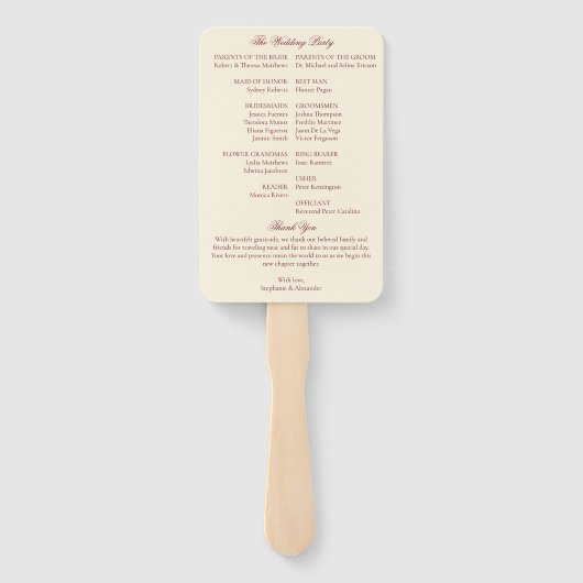 Red & Ivory Old Money Wedding Program Itinerary Handwaaier (Achterkant)