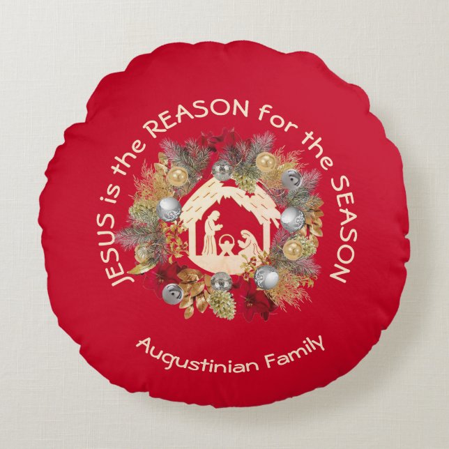 Red JESUS IS DE REDEN kerstmis Wreater Nativiteit Rond Kussen (Voorkant)