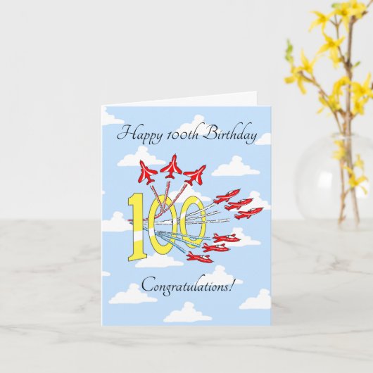 Red Jet Planes 100th (Blue Sky) Birthday Card Kaart (Gele Bloem)