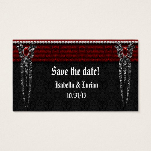 Red Jeweled Damask Vampire Wedding Visitekaartje (Achterkant)