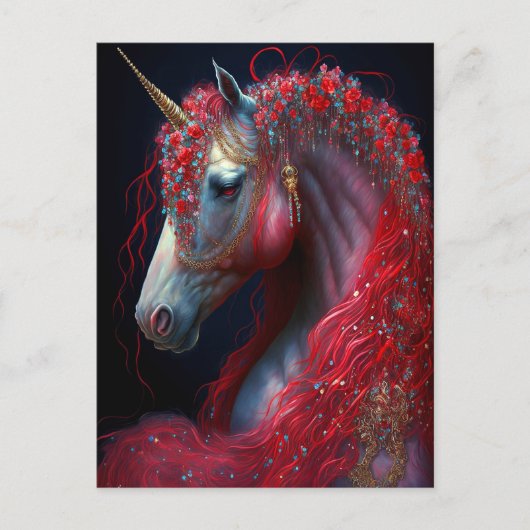 Red Jeweled Unicorn Fantasy Art Briefkaart (Voorkant)