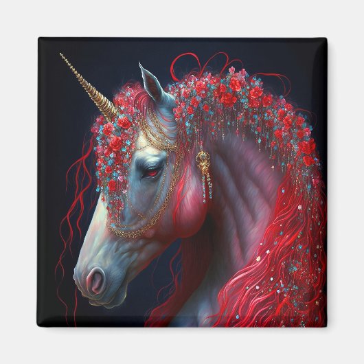 Red Jeweled Unicorn Fantasy Art Magneet (Voorkant)