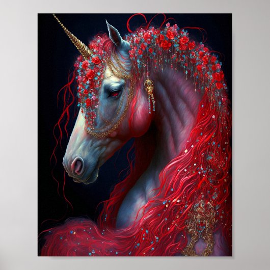 Red Jeweled Unicorn Fantasy Art Poster (Voorkant)