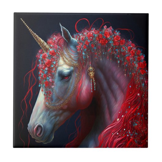 Red Jeweled Unicorn Fantasy Art Tegeltje (Voorkant)
