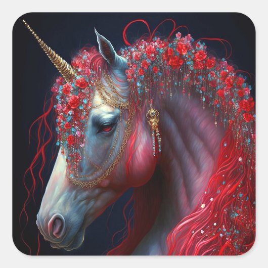 Red Jeweled Unicorn Fantasy Art Vierkante Sticker (Voorkant)