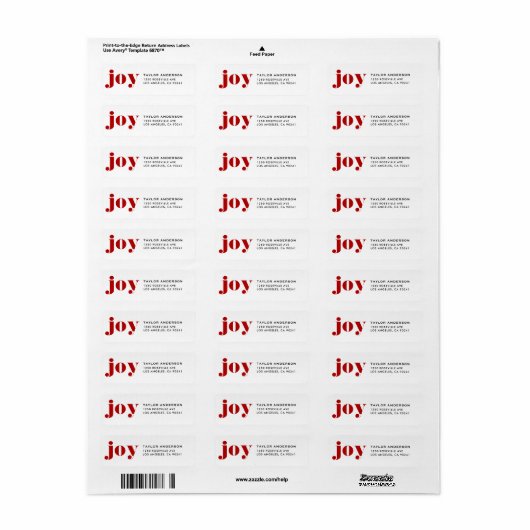 Red JOY Bold Typografie Moderne Kerst Etiket (Full Sheet)