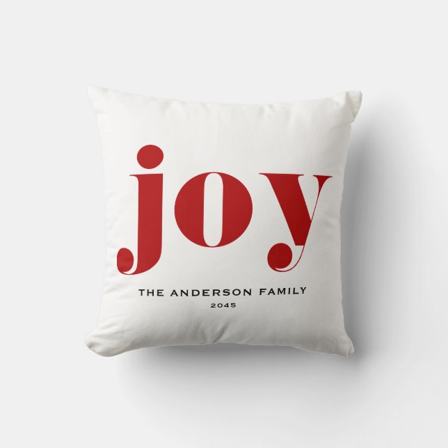 Red JOY Bold Typografie Moderne Kerst Kussen (Voorkant)