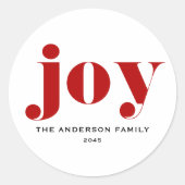 Red JOY Bold Typografie Moderne Kerst Ronde Sticker (Voorkant)