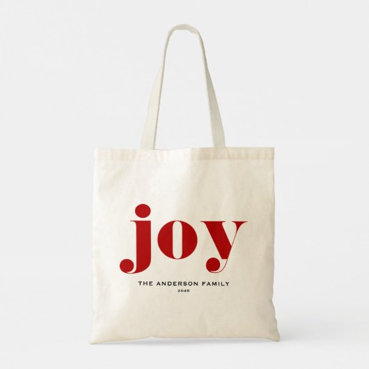 Red JOY Bold Typografie Moderne Kerst Tote Bag (Achterkant)