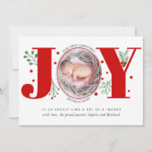 Red Joy First kerstvakantie foto baby geboorte Aankondiging (Voorkant)
