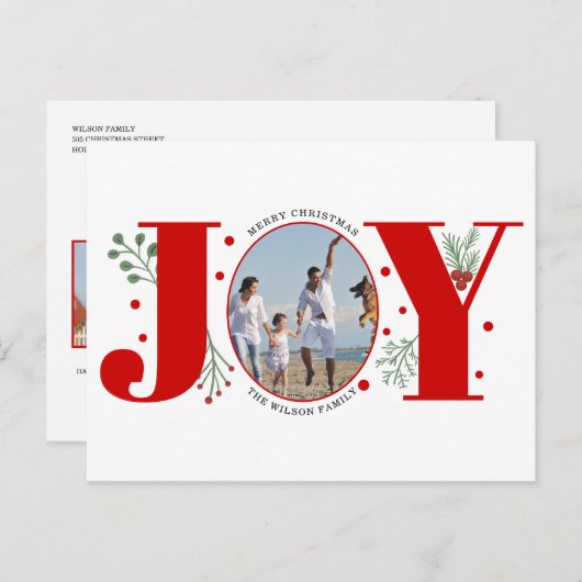 Red Joy met kerstfeestfoto's met bessen Briefkaart (Voorkant / Achterkant)