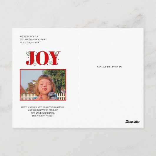 Red Joy met kerstfeestfoto's met bessen Briefkaart (Achterkant)
