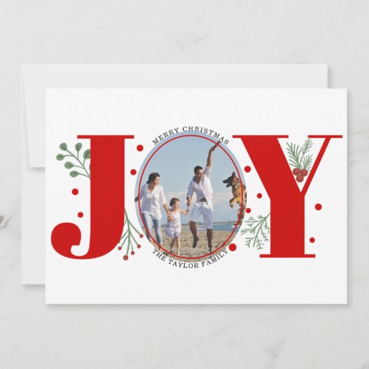 Red Joy met kerstfoto's met bessen Feestdagenkaart (Voorkant)