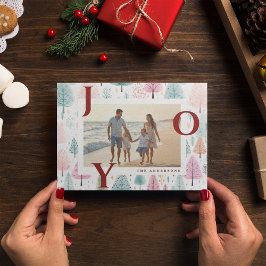 Red Joy Pastel Christmas Trees Photo Holiday Card Feestdagenkaart