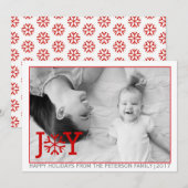 Red "JOY", sneeuwflake kerstvakantie platte foto Feestdagenkaart (Voorkant / Achterkant)