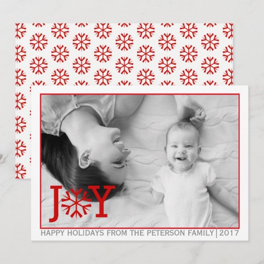 Red "JOY", sneeuwflake kerstvakantie platte foto Feestdagenkaart (Voorkant / Achterkant)